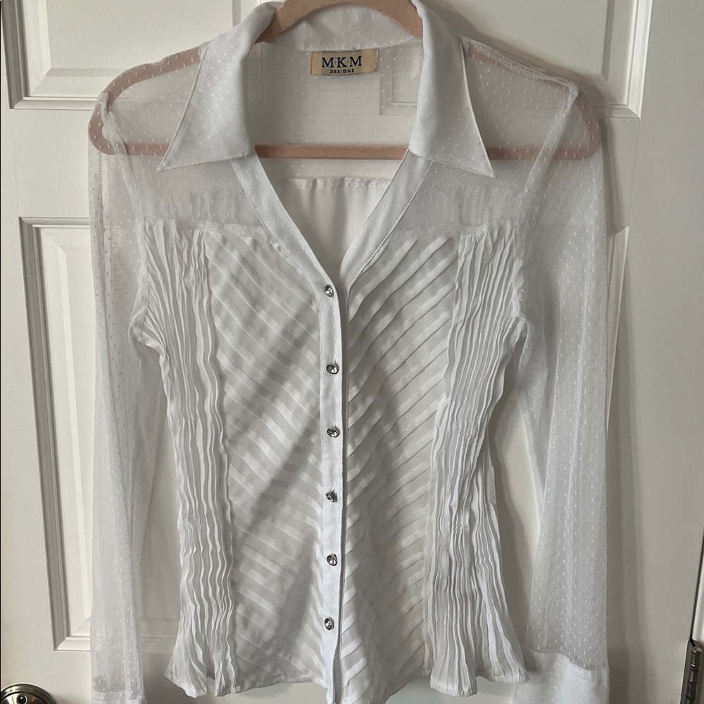 MKM Designs Y2K  Sheer White Button-Down Shirt Side Pleating Gem Buttons Large